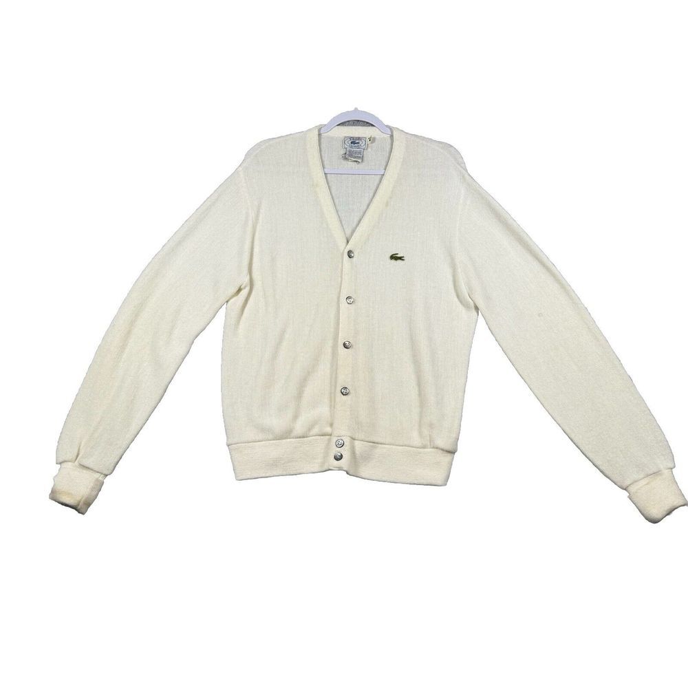 Izod Lacoste Sweater Mens L White‎ Cardigan Knit Gator Logo USA Grampa Y2K